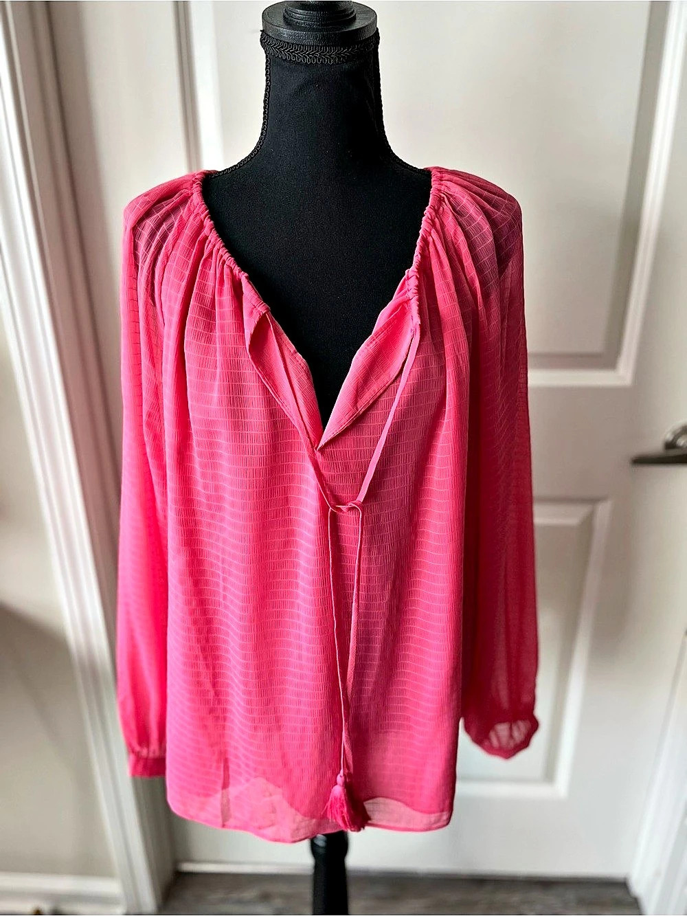 Ann Taylor Sheer Tie Neck Blouse in Pink Large